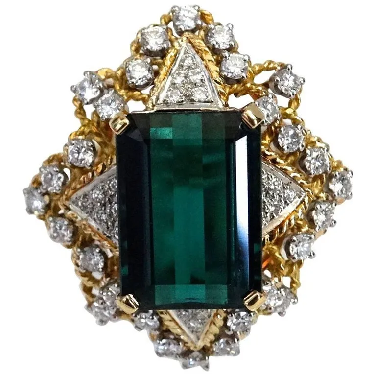 16 Carat Green Tourmaline Emerald Cut Diamond Cocktail Ring