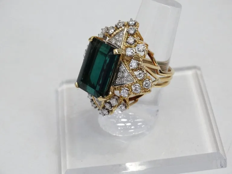 16 Carat Green Tourmaline Emerald Cut Diamond Cocktail Ring