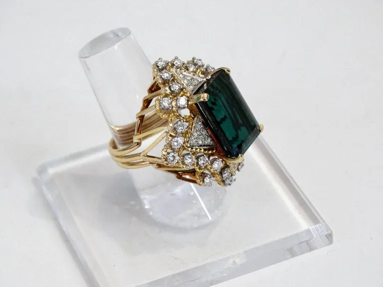 16 Carat Green Tourmaline Emerald Cut Diamond Cocktail Ring
