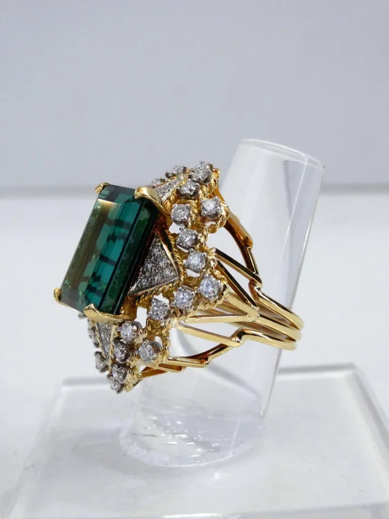 16 Carat Green Tourmaline Emerald Cut Diamond Cocktail Ring